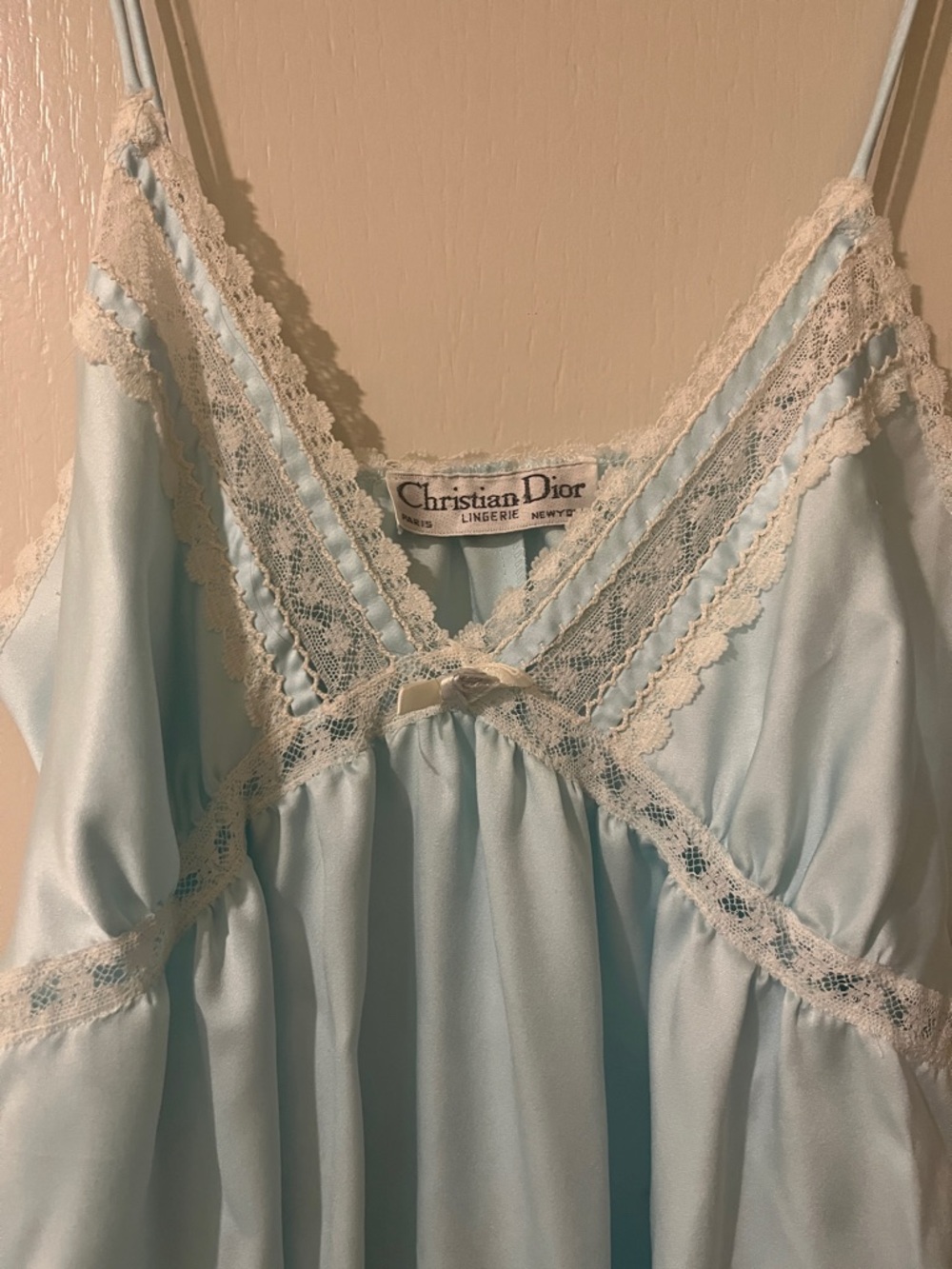 1980’s Christian Dior Pale Blue Satinfeel  with Cream Lace Trim